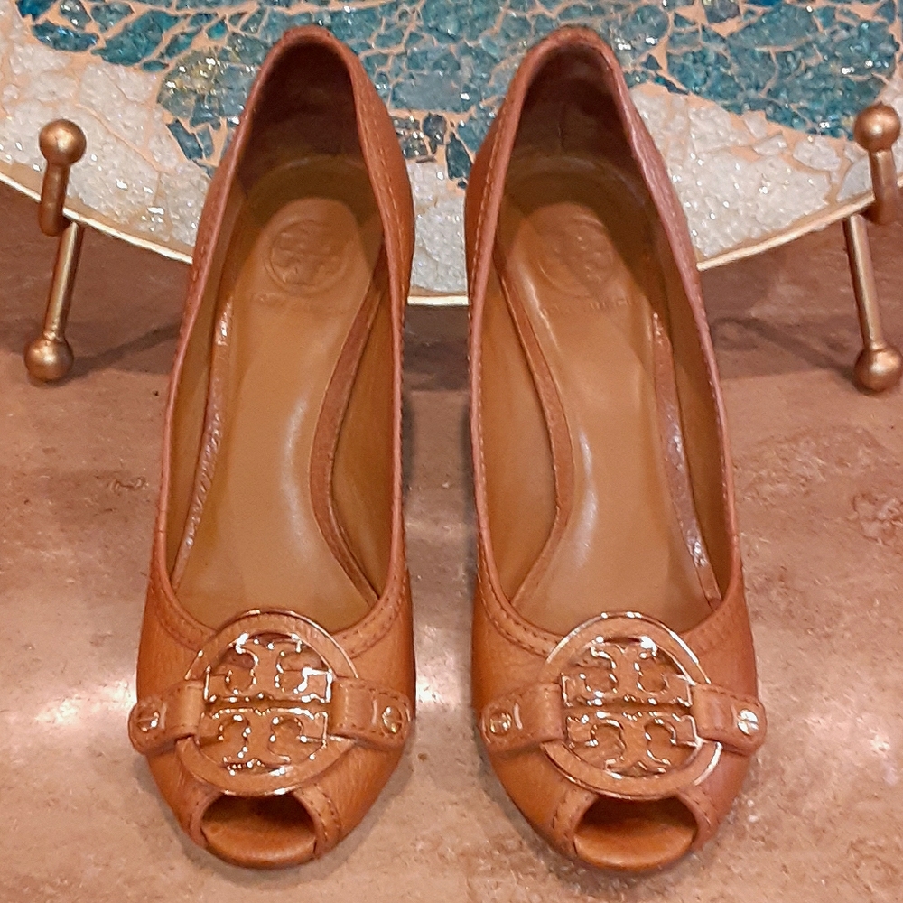 Tory Burch leather "Amanda" peep toe logo wedges